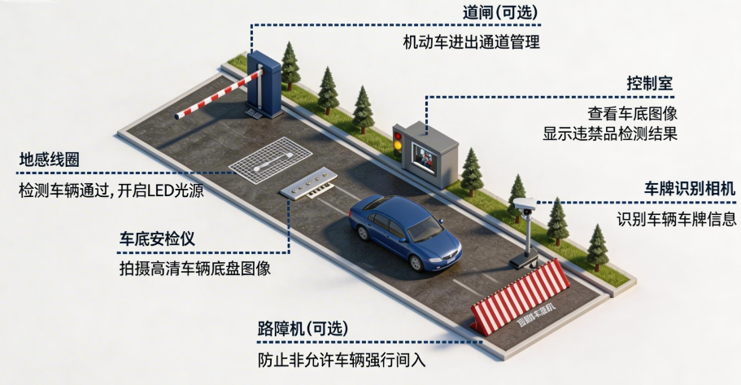 神博固定式车底扫描成像原理示意图